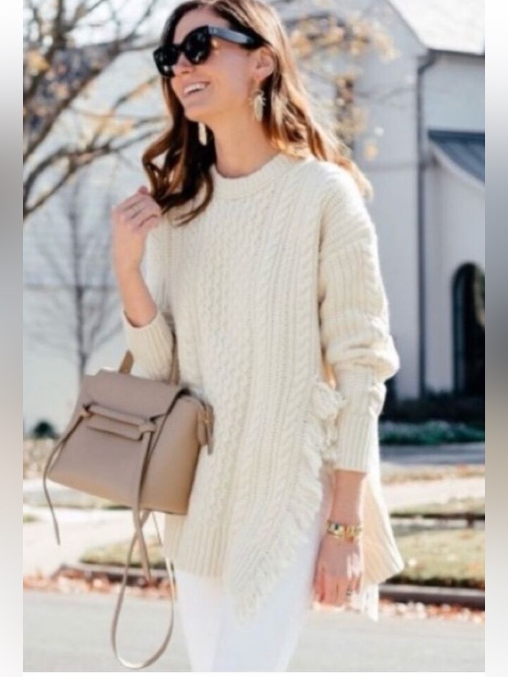 J. Crew Ivory Cable-Knit Fringe Oversized Crewneck Sweater